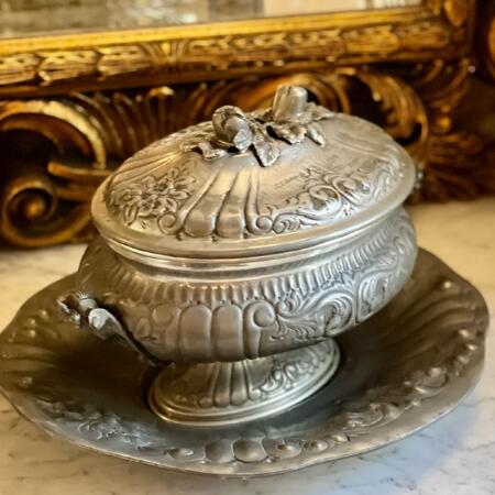 Terrine soup bowl with dish, tin Italy