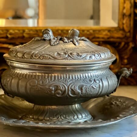 Terrine soup tureen with dish, tin Italy 