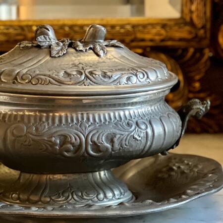 Terrine soup bowl with dish, tin Italy