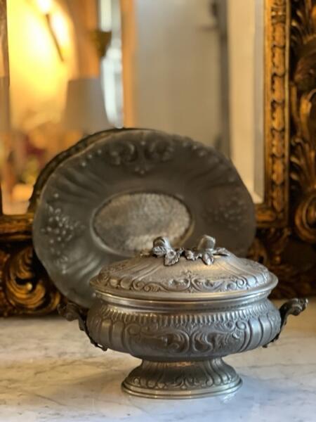 Terrine soup bowl with dish, tin Italy
