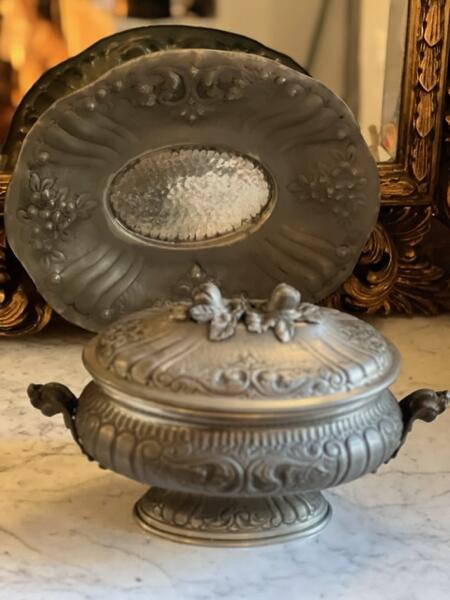 Terrine soup bowl with dish, tin Italy