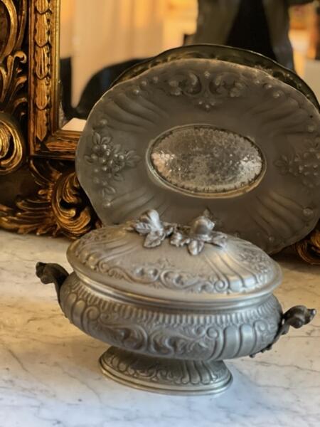 Terrine soup bowl with dish, tin Italy