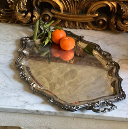 Cast tray with openwork handles 60 cm, deep silver plated, France