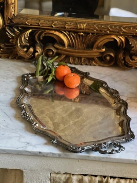 Cast tray with openwork handles 60 cm, deep silver plated, France