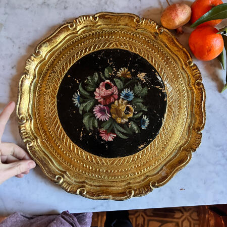 Tray Florentine floral painting wood 33 cm Italy