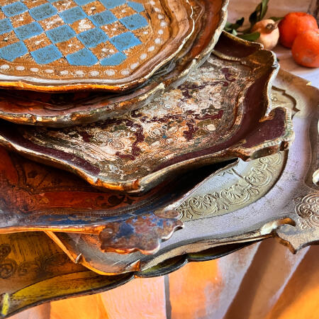 Tray Florentine floral painting wood 33 cm Italy