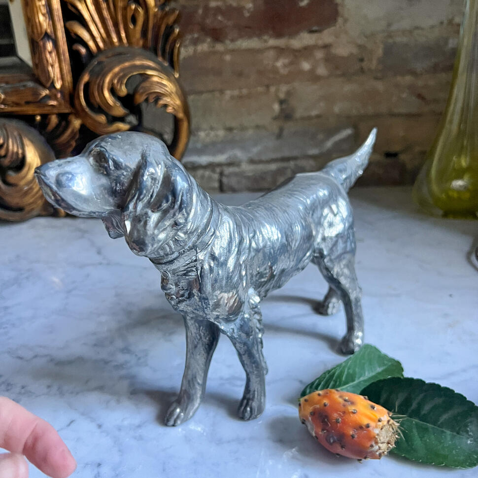 Dog figurine, silver-plated metal, handmade, France, 28 cm, circa 1930s