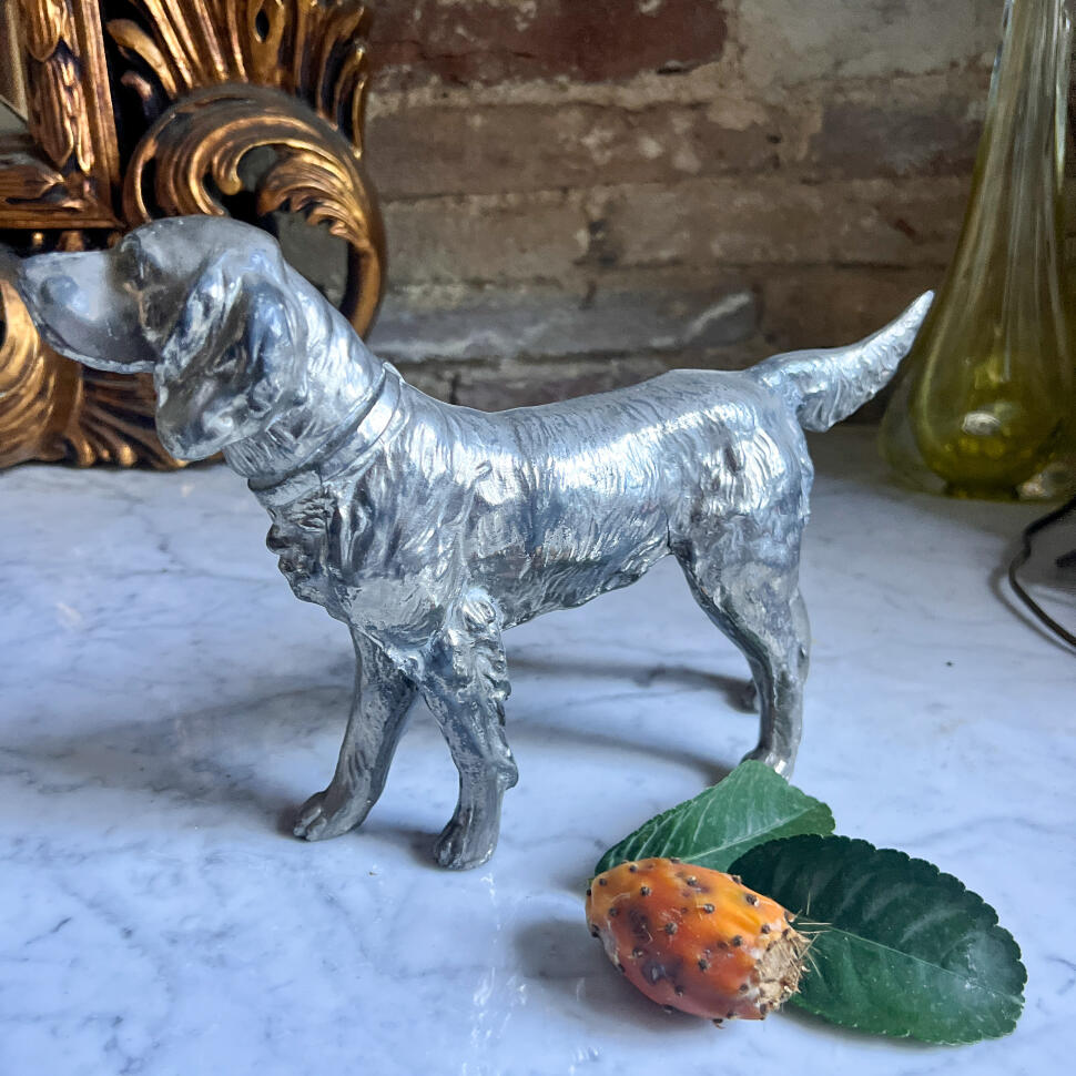 Dog figurine, silver-plated metal, handmade, France, 28 cm, circa 1930s