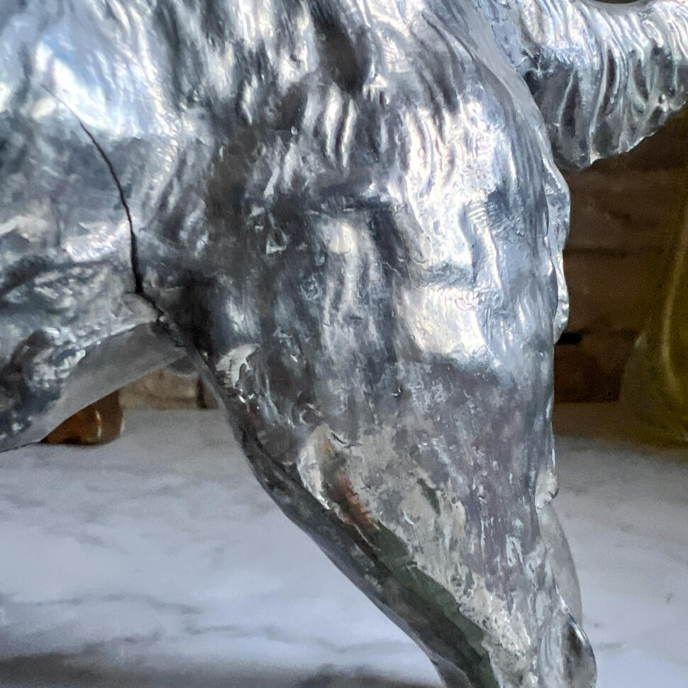 Dog figurine, silver-plated metal, handmade, France, 28 cm, circa 1930s