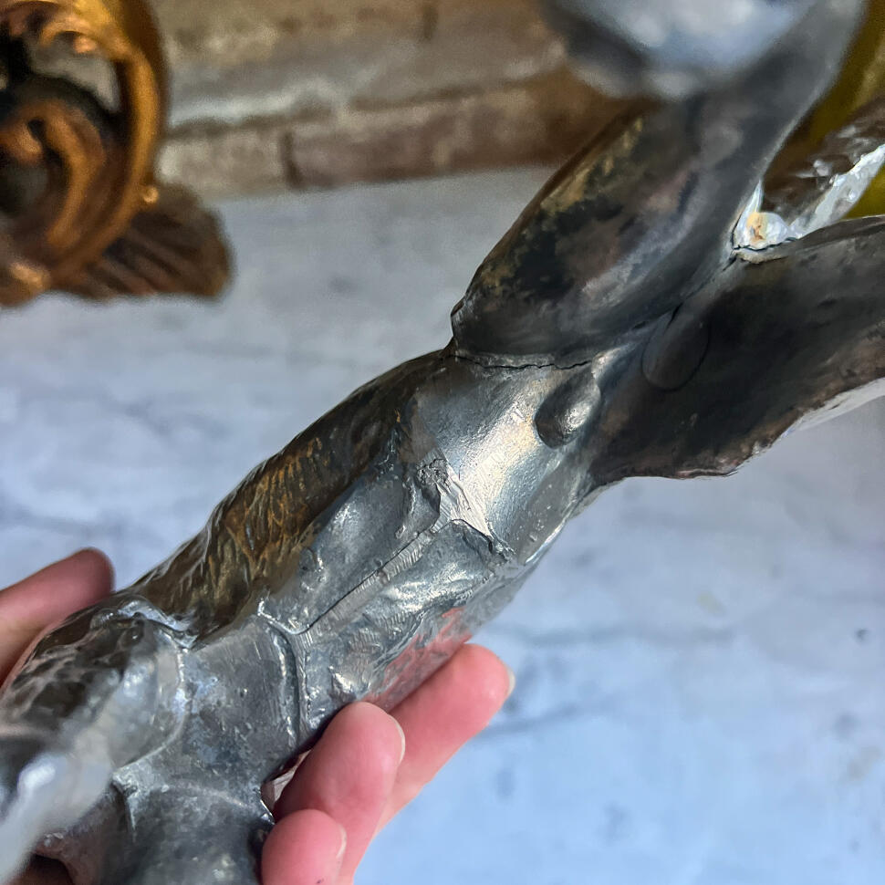 Dog figurine, silver-plated metal, handmade, France, 28 cm, circa 1930s