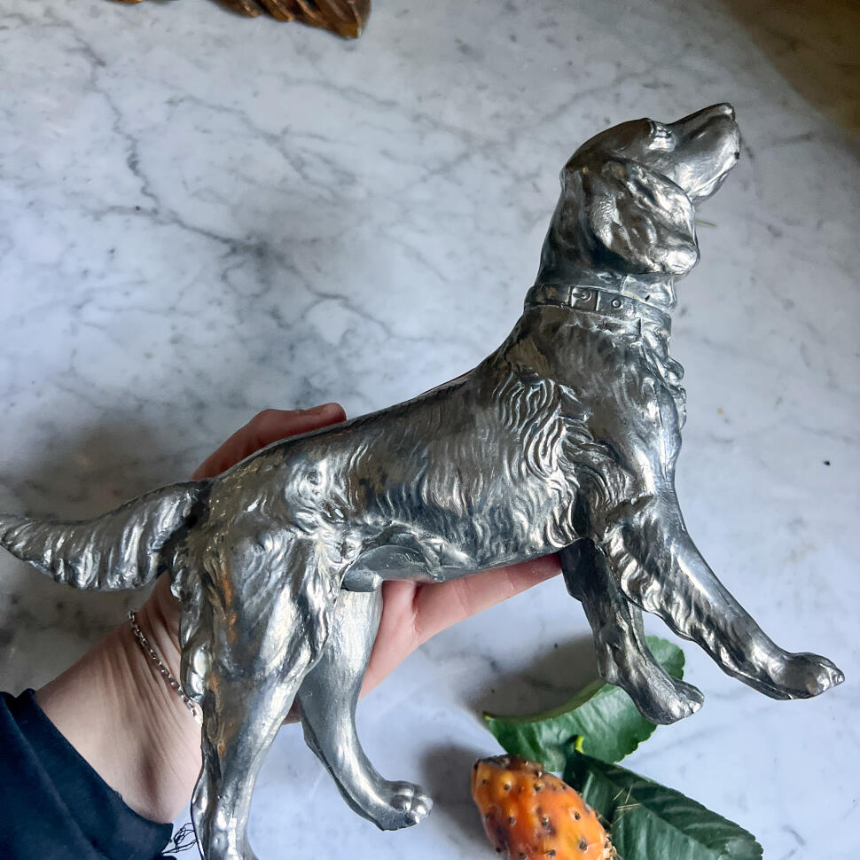 Dog figurine, silver-plated metal, handmade, France, 28 cm, circa 1930s