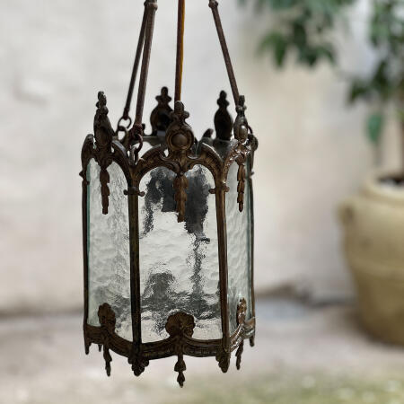 Gothic-style bronze and glass hanging lantern, Italy, early 20th century