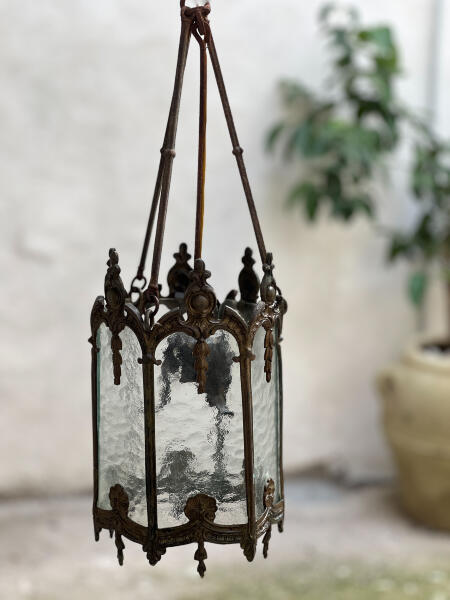 Gothic-style bronze and glass hanging lantern, Italy, early 20th century