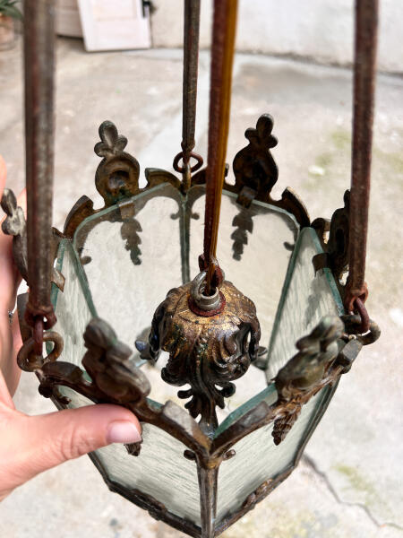 Gothic-style bronze and glass hanging lantern, Italy, early 20th century