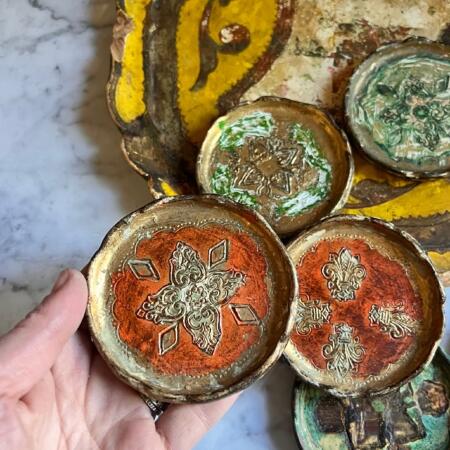 Set of tray and 6 stands Florentine wood Italy