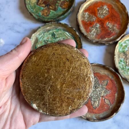 Set of tray and 6 stands Florentine wood Italy