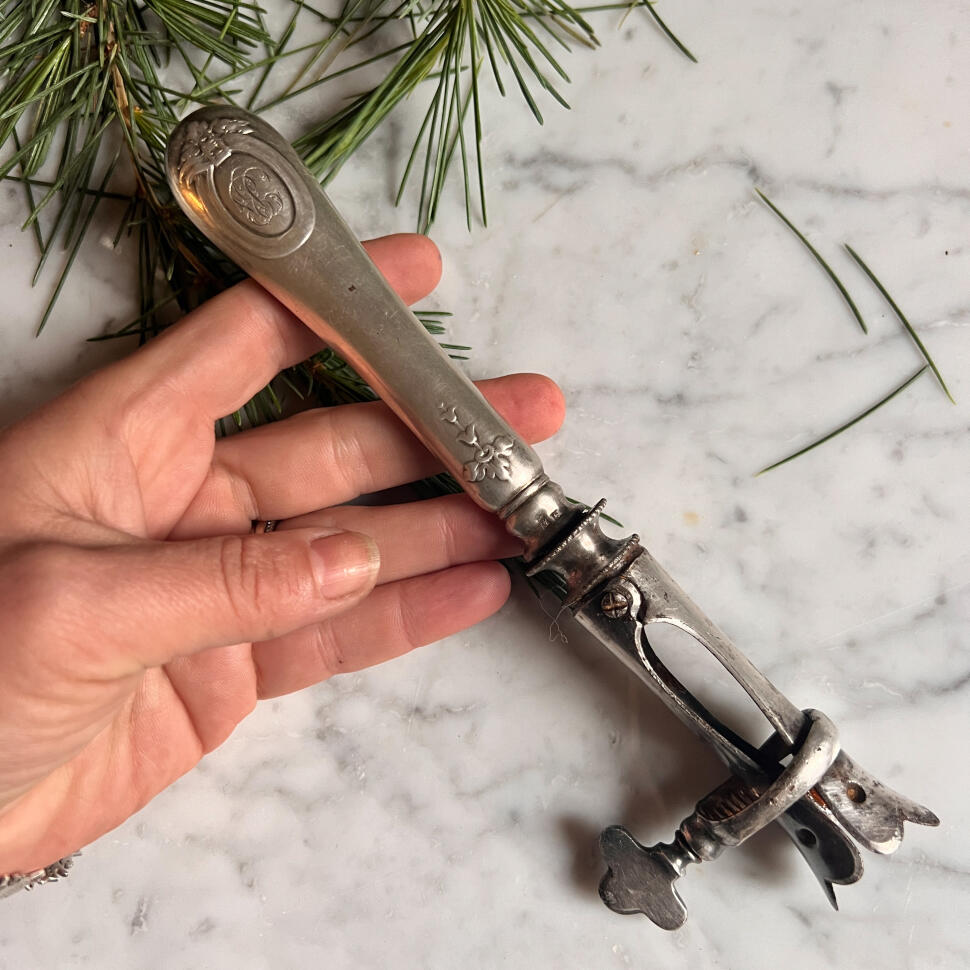 Meat clamp, silverplate and steel, France, circa 1920, Art Nouveau