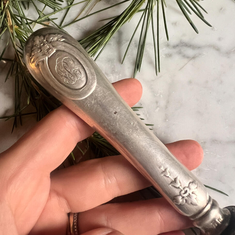 Meat clamp, silverplate and steel, France, circa 1920, Art Nouveau