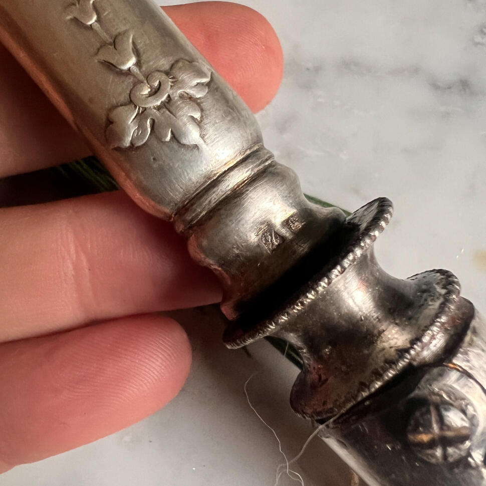 Meat clamp, silverplate and steel, France, circa 1920, Art Nouveau