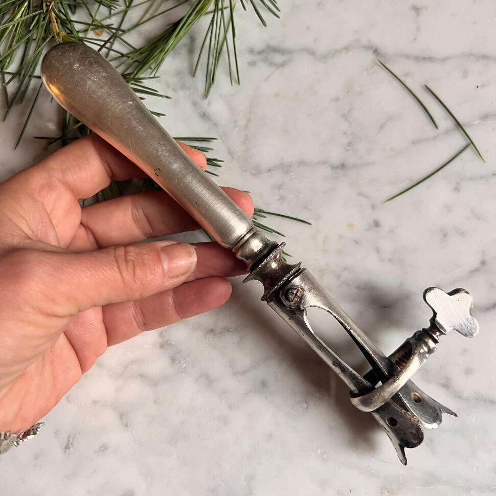 Meat clamp, silverplate and steel, France, circa 1920, Art Nouveau