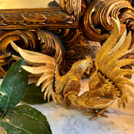 Paired sculptures of roosters set of 2 pieces bronze  gilding France 20th century