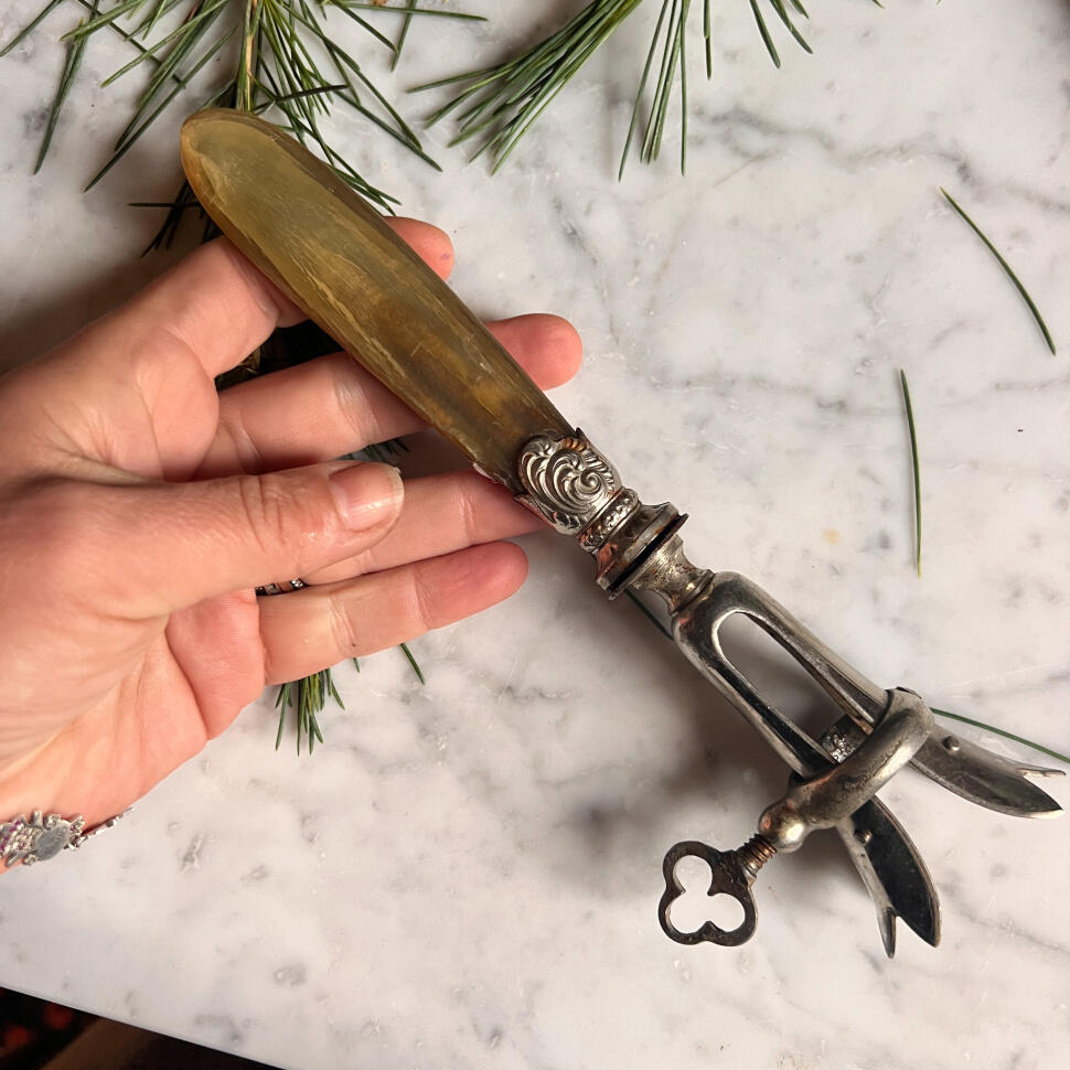 Meat clamp, silverplate and cow horn, France, early 1900s
