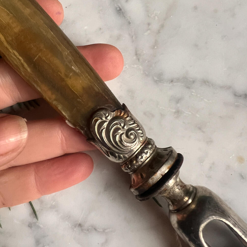 Meat clamp, silverplate and cow horn, France, early 1900s