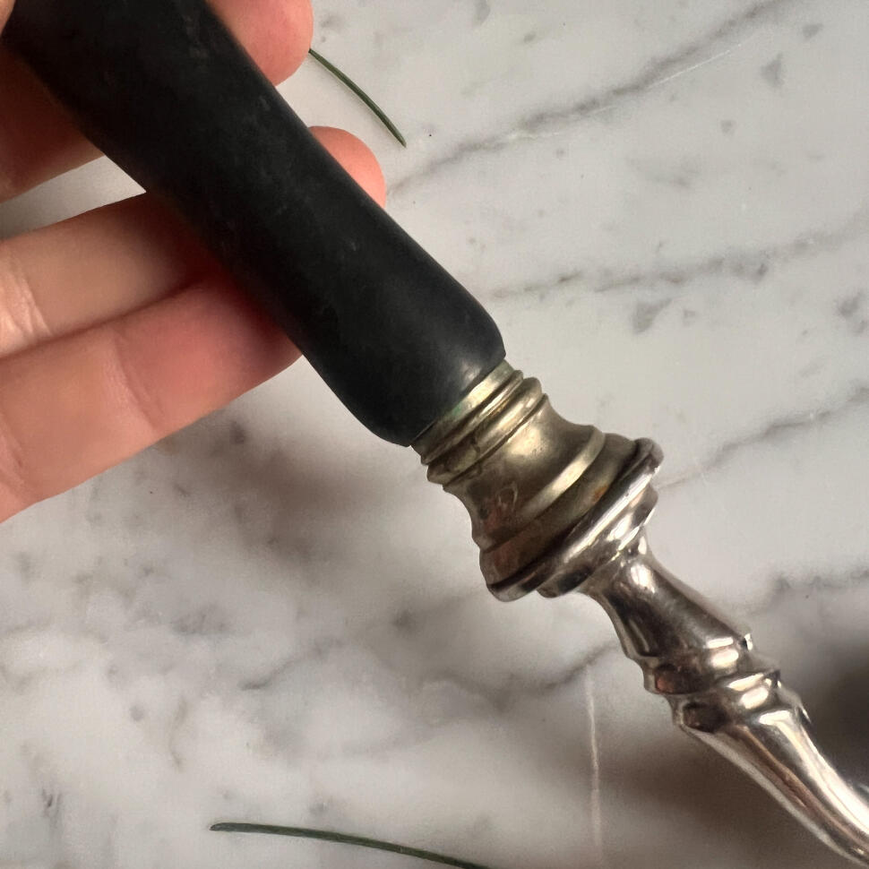 Meat clamps, black cow horn and silver-plated, France, 1900s, set of 2