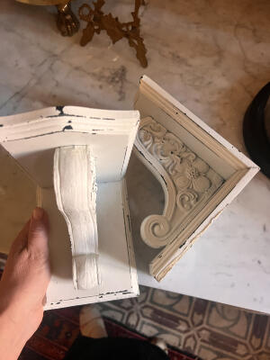 Pair of carved wood corbels, painted and distressed, 16×16×11 cm, France, mid-20th century