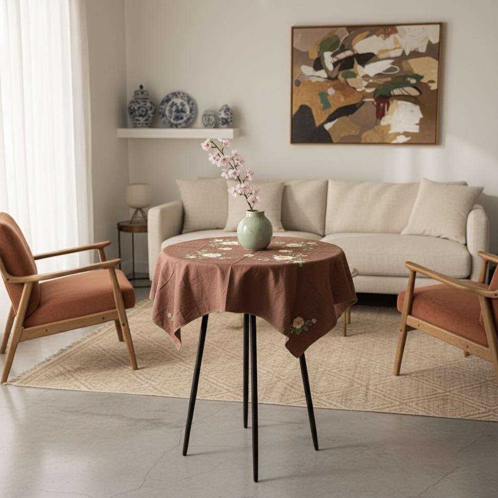 Небольшая скатерть со сложной вышивкой в китайском стиле