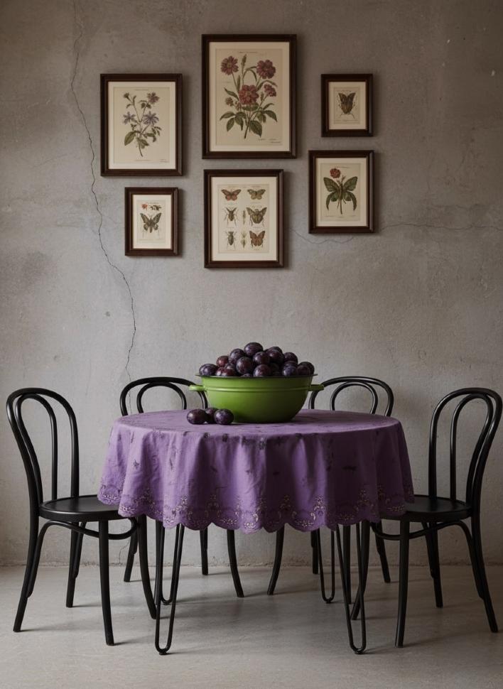 Нуарная круглая винтажная скатерть в новом цветовом прочтении с авторскрой ручной набойкой