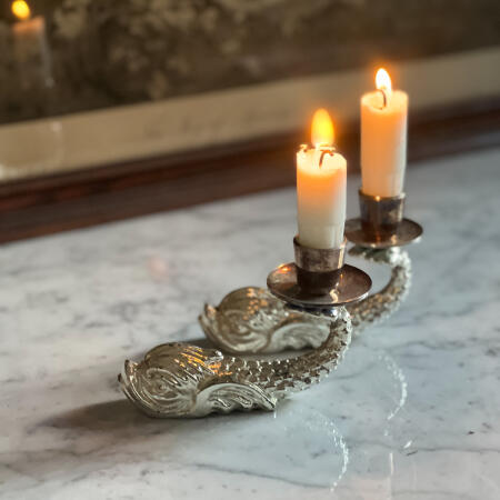 Candle holder, set of two, dolphin fish shape, Malta 20th century.