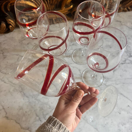 Set of 6 glasses, red swirl wine glasses, 20th century Italy