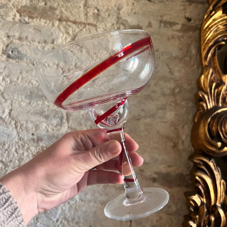 Set of 7 cocktail glasses, hand-blown, red vintage glasses with curls, Italy, 20th century.