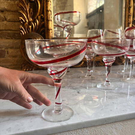 Set of 7 cocktail glasses, hand-blown, red vintage glasses with curls, Italy, 20th century.