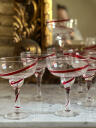 Set of 7 cocktail glasses, hand-blown, red vintage glasses with curls, Italy, 20th century.