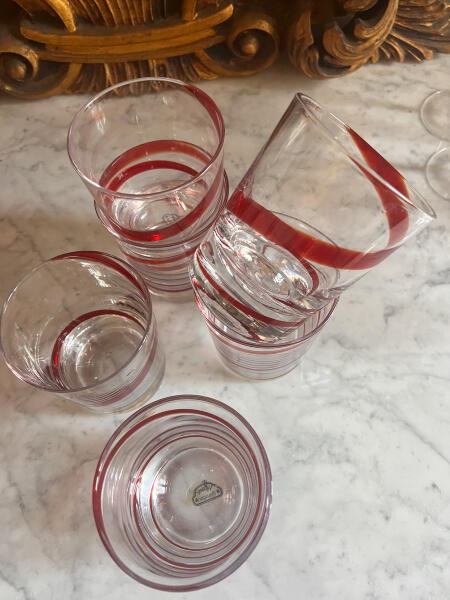 Set of 7 water glasses, blown, red vintage handmade glasses, Italy, 20th century.