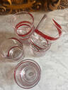 Set of 7 water glasses, blown, red vintage handmade glasses, Italy, 20th century.