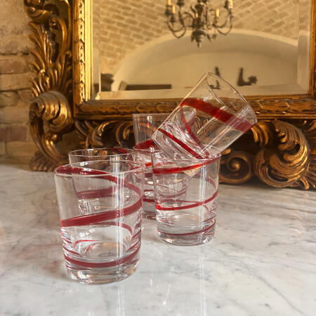 Set of 7 water glasses, blown, red vintage handmade glasses, Italy, 20th century.