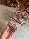 Set of 7 water glasses, blown, red vintage handmade glasses, Italy, 20th century.