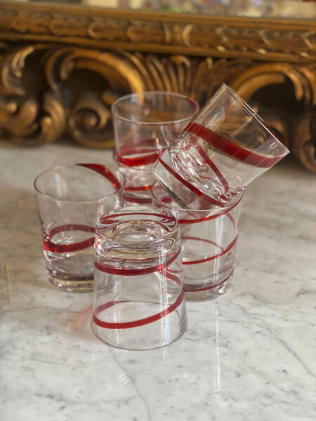 Set of 7 water glasses, blown, red vintage handmade glasses, Italy, 20th century.