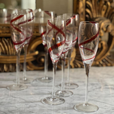 Set of 7 champagne glasses, hand blown, red vintage glasses with curls, Italy, 20th century.