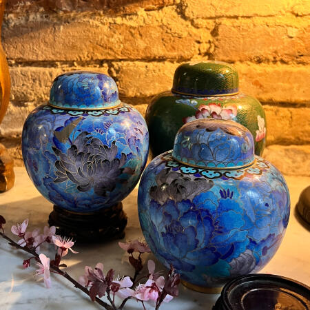 Teapot vase Cloisonné enamel blue peonies Chinoiserie