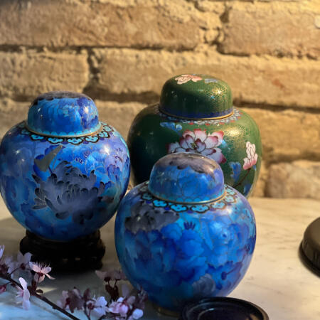 Teapot vase Cloisonné enamel blue peonies Chinoiserie