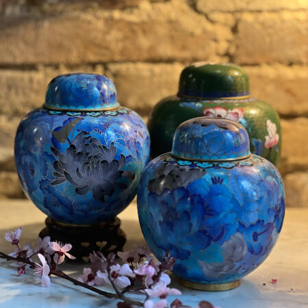 Teapot vase Cloisonné enamel blue peonies Chinoiserie