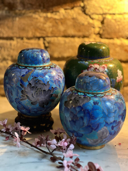 Teapot vase Cloisonné enamel blue peonies Chinoiserie