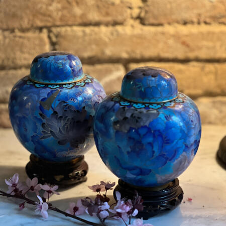 Teapot vase Cloisonné enamel blue peonies Chinoiserie