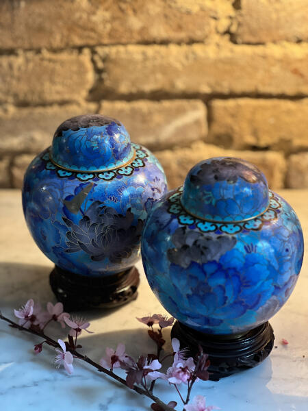 Teapot vase Cloisonné enamel blue peonies Chinoiserie