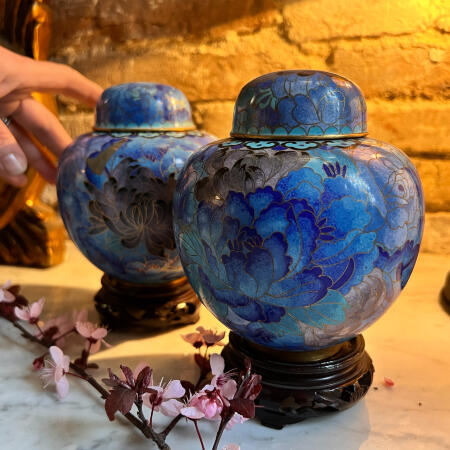 Teapot vase Cloisonné enamel blue peonies Chinoiserie