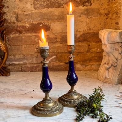 Candleholders 2 ps with blue porcelain